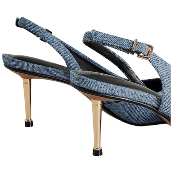 EXPRESS Denim Gold Heel Slingback Pumps. - Picture 3 of 9